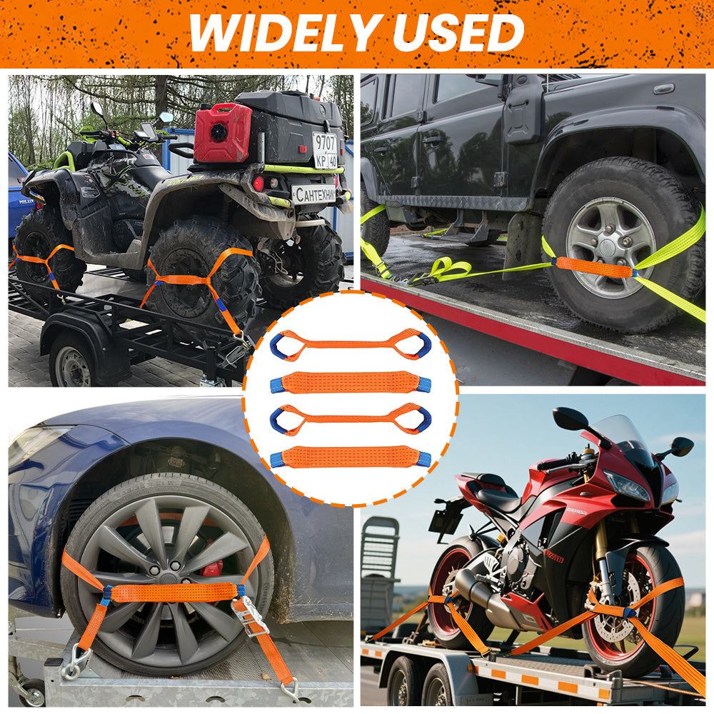 4pcs Heavy-Duty Vehicle Tie Down Straps, Vehicle Transport Tie-Down Straps - Universal - 4pcs - 50mm Width - Abrasion-Resistant - Non-Slip - Reusable Linen Ratchet Straps with Secure Tie-Off Hooks - Reusable Load Suitable for Cars, Trailer, and Roof Rack,