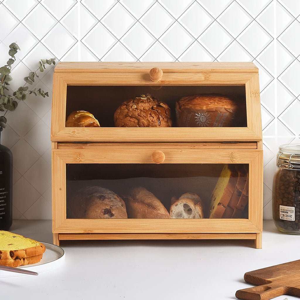 Double Layer Large Bread Box for Kitchen Counter, Bamboo Wooden Large Capacity Bread Storage Bin