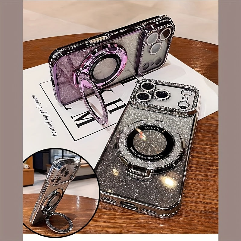 Phone Case: Luxury Bling Glitter Ring Bracket Plating Phone Case for iPhone 17 Pro Max Air 16 15 14 13 12 11 Pro Max 15 Plus + Kickstand Shockproof Soft Back Cover Accessories Protection Support Wireless Charging Stylish Design