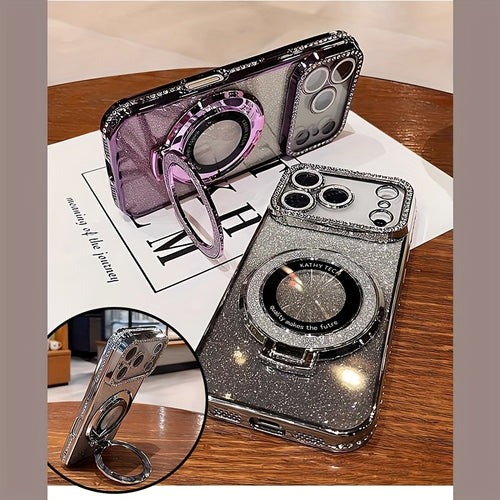 Phone Case: Luxury Bling Glitter Ring Bracket Plating Phone Case for iPhone 17 Pro Max Air 16 15 14 13 12 11 Pro Max 15 Plus + Kickstand Shockproof Soft Back Cover Accessories Protection Support Wireless Charging Stylish Design
