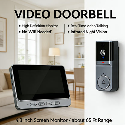 Wireless Video Doorbell System, Wireless Video Doorbell with 4.3-inch Display | No WiFi, No App Required, Two-Way Audio, Infrared Night Vision, Rechargeable Battery, Easy Installation for Home Security, Apartment Building Front Door