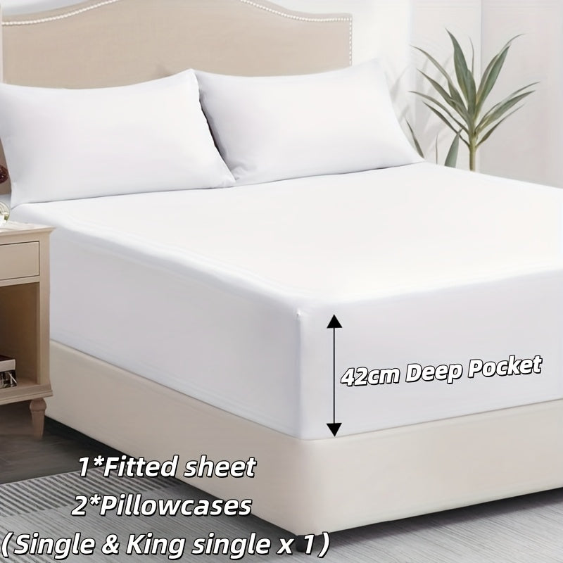 2200Tc/95G Hotel Quality Fitted Sheet Set, Luxury Ultra Soft Breathable Fitted Bedding Sheet Set, 1X Fitted Sheet And 2Xpillowcase (Single & King Single X 1), Perfect Fit with 42Cm Deep Pockets, Available in King Queen Double King Single Bed