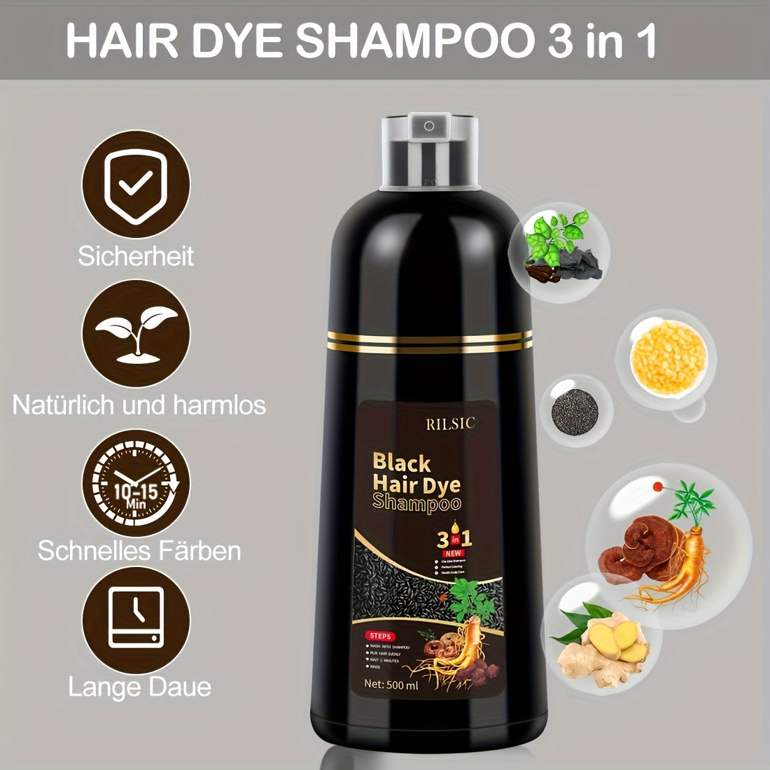 1pc Hair Dye Shampoo for Grey Hair, 500ml Herbal Natural Hair Dye 3in 1, Instant Hair Colour Shampoo with 10 Gloves, 2 Earmuffs, 1 Headgear, And 1 Shampoo ShawlHair. Hair Dye Hair Color Shampoo Coloring In Minutes for Women Men(Four Colors)