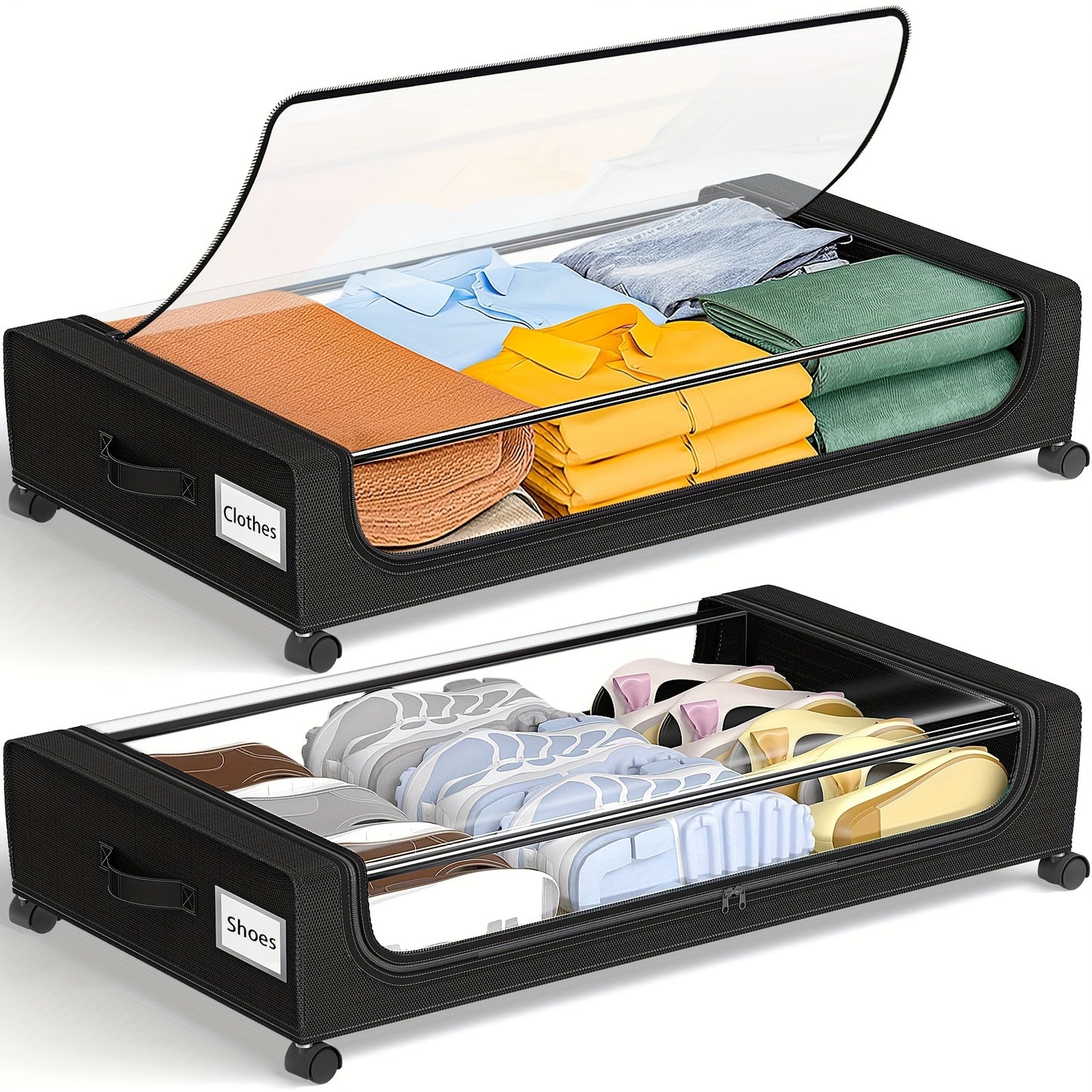 Under Bed Storage with Wheels, 2-Pack Under the Bed Storage Containers with Clear Lids & Label, Underbed Storage Bins, XXL 60L (78.0cm x 43.0cm x 16.99cm) Rolling Metal Drawer for Clothes, Shoes, Books, Under-Bed Storage