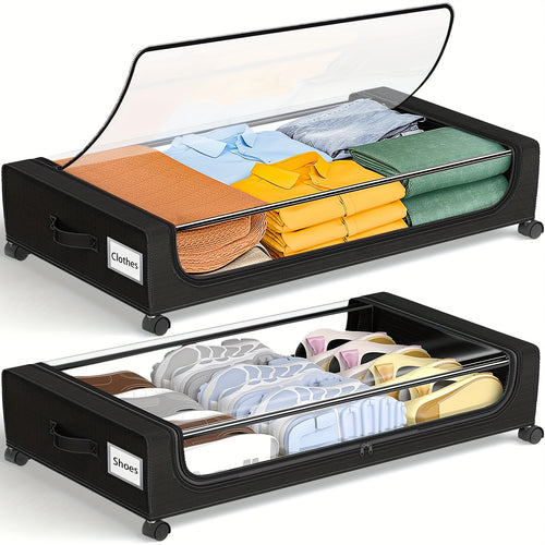 Under Bed Storage with Wheels, 2-Pack Under the Bed Storage Containers with Clear Lids & Label, Underbed Storage Bins, XXL 60L (78.0cm x 43.0cm x 16.99cm) Rolling Metal Drawer for Clothes, Shoes, Books, Under-Bed Storage