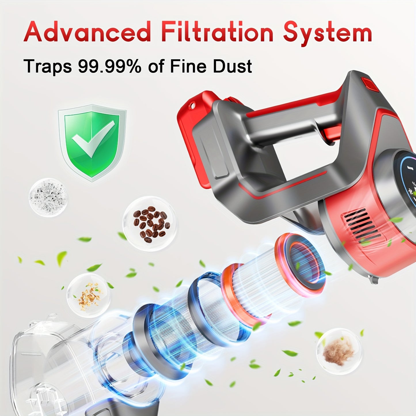Cordless Lightweight Vacuum Cleaner 70 KPa | With Anti-tangle Brush, Multiple Suction Levels, Long Battery Life of Up To 45 Minutes, Suitable for Carpets, Pet Hair, Hardwood Floors, Includes Dusting Brush and Crevice