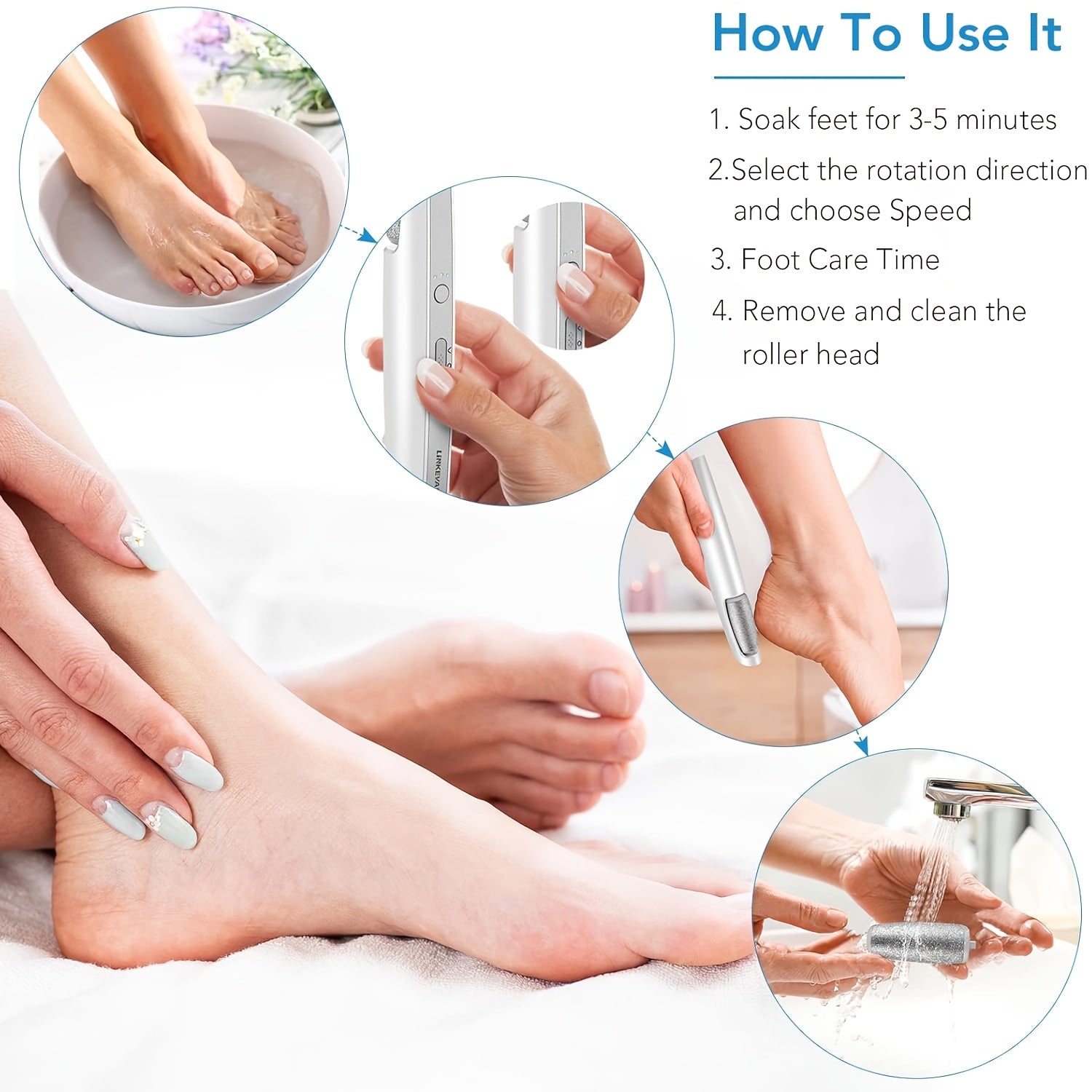 Electric Remover 3-Speed Professional Kit, Professional Pedicure Kit Foot Scrubber for Dry, Dead, Cracked, USB Rechargeable Foot File with Coarse & Fine Rollers, for Hard Skin & Cracked Heels (Cold White)