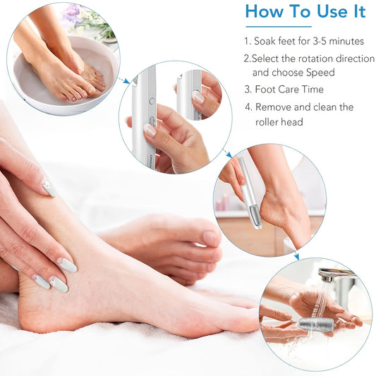 Electric Remover 3-Speed Professional Kit, Professional Pedicure Kit Foot Scrubber for Dry, Dead, Cracked, USB Rechargeable Foot File with Coarse & Fine Rollers, for Hard Skin & Cracked Heels (Cold White)