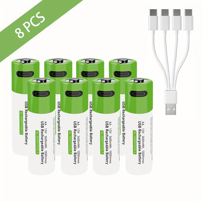 Set of 8 AA Batteries, Featuring Usb/Type-C Rechargeable Lithium Batteries with a High Capacity of 1.5V 1733Mah 2600Mwh. They Offer a Quick Charge in 1.5 Hours And Can Be Cycled 1200 Times. Comes with a Type-C Charging Cable And Provides a Steady Ou