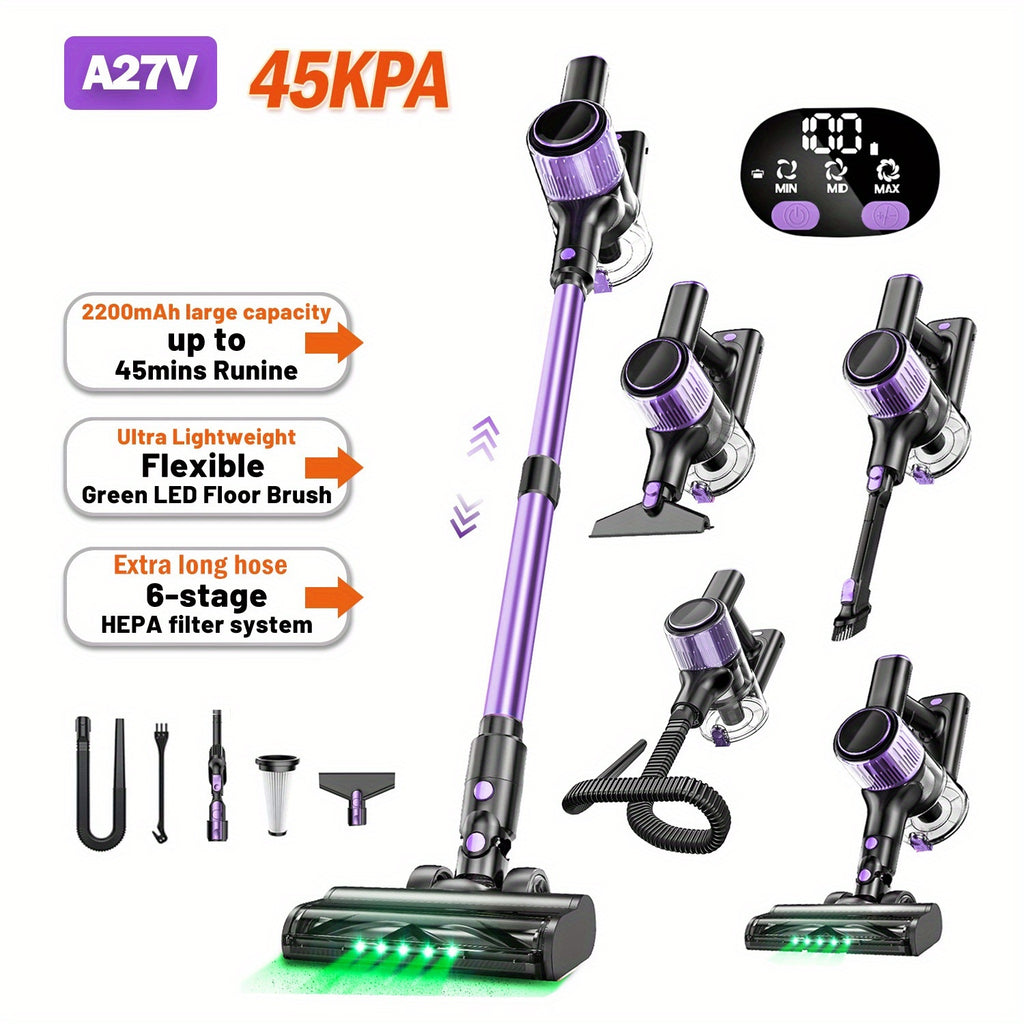Powerful Household Vacuum Cleaner, 10in 1 Powerful Suction Lightweight Vacuum Cleaner for Home, LED Display, 3 Suction Modes, Light And Quiet 45 Mins Detachable Battery Vacuum for Hard Floor Carpet Pet Hair,, Violet
