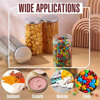 10/ 20pcs 500ml Clear Empty Plastic Jars with Silvery Screw Lids Round Plastic Jar Wide-mouth Straight Cylinder Containers, Storage Kitchen and Household Organization Cup for Dry Goods, Spice, Honey