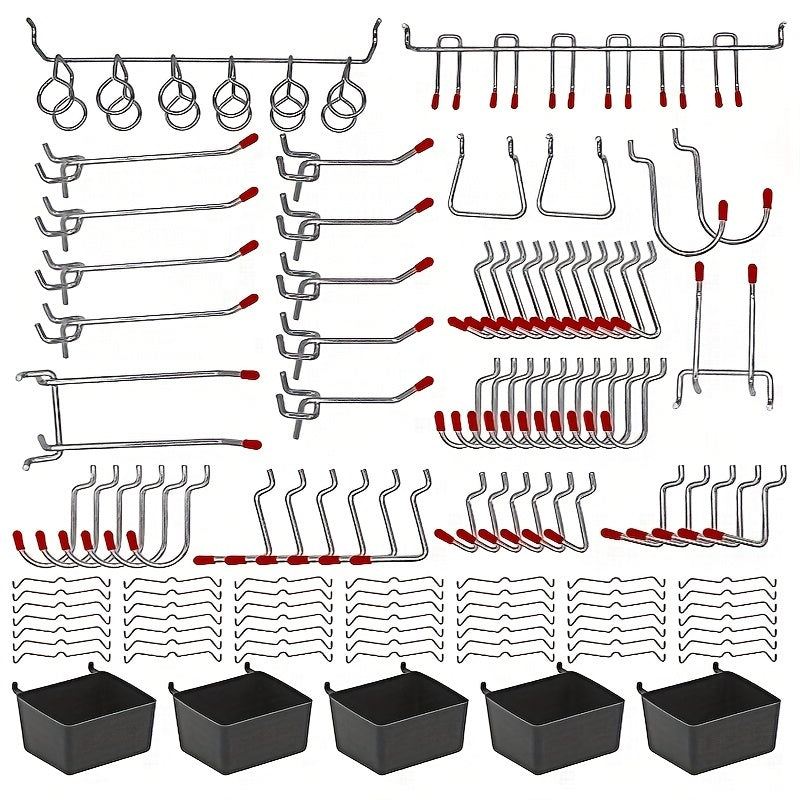 114 Pcs Peg Board Hooks Assortment with Metal Hooks Sets, Hole Plate Bins, Peg Locks for Organizing Storage System Tools Easy to Use