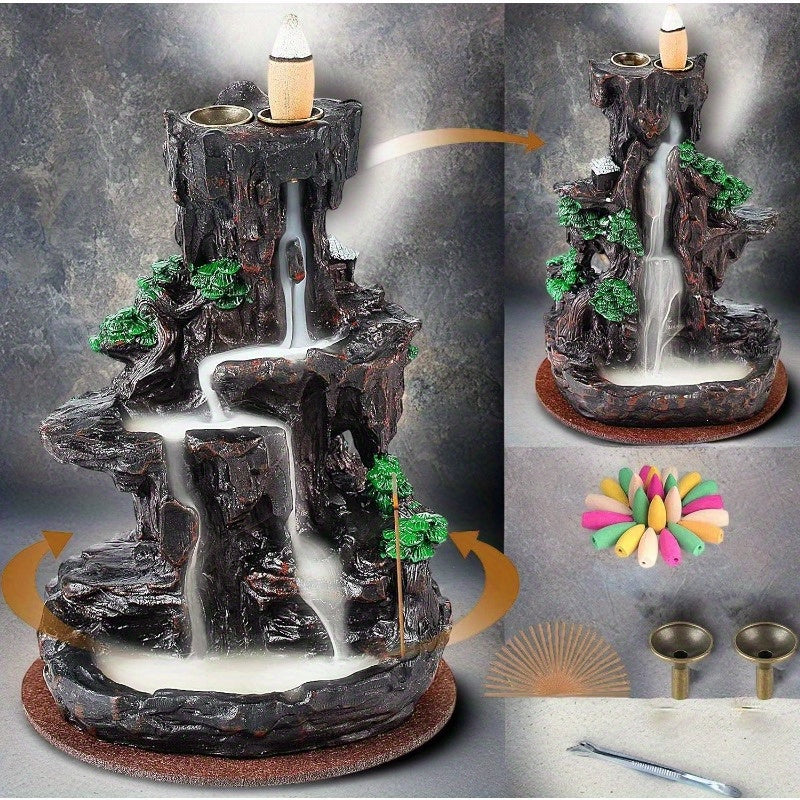 Incense Burner, Backflow Incense Holder 2 Sides Waterfall Incense Burnier with 120 Backflow Incense Cones, 30 Incense Sticks, Aromatcherapy Ornamen for Home