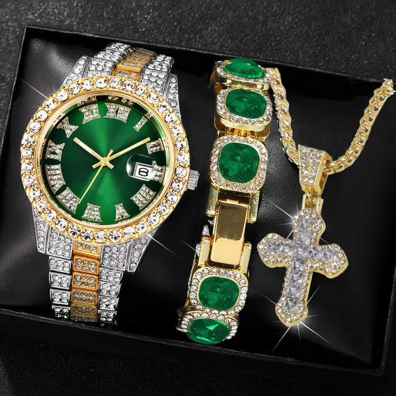 [Men's Watch Set] Luxury Men's Watch, Including Artificial Faux Gemstone Bracelet and Cross Necklace, Roman Numeral Dial Inlaid with Rhinestones, Perfect Gift, a Must for Parties