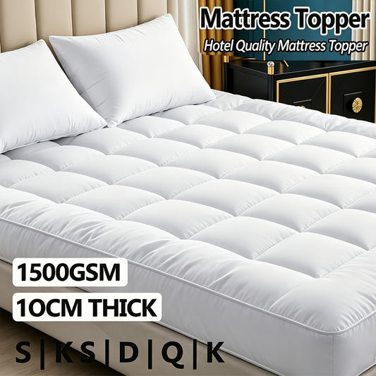1500GSM Bamboo Mattress Topper with Pillowtop - Ultra Soft Bed Pad Cover Suitable for Single/Double//Queen Beds, Bamboo Bedding, 8-10cm Mattress Cover with Straps, Luxury Bed Layer for & Warmth