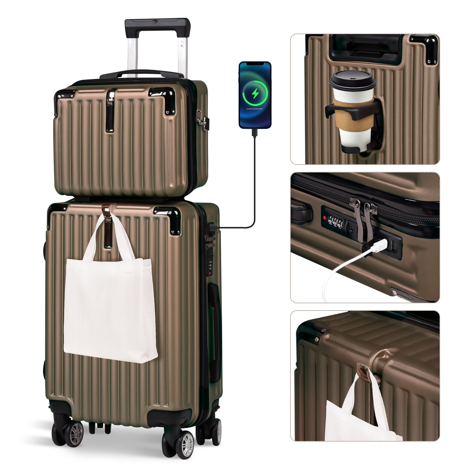 Advwin 2pcs Luggage Set (20+14 Inch), Carry On Hardshell Luggage with Power Bank Pocket, Cup Holder, 360° Wheels for Travel