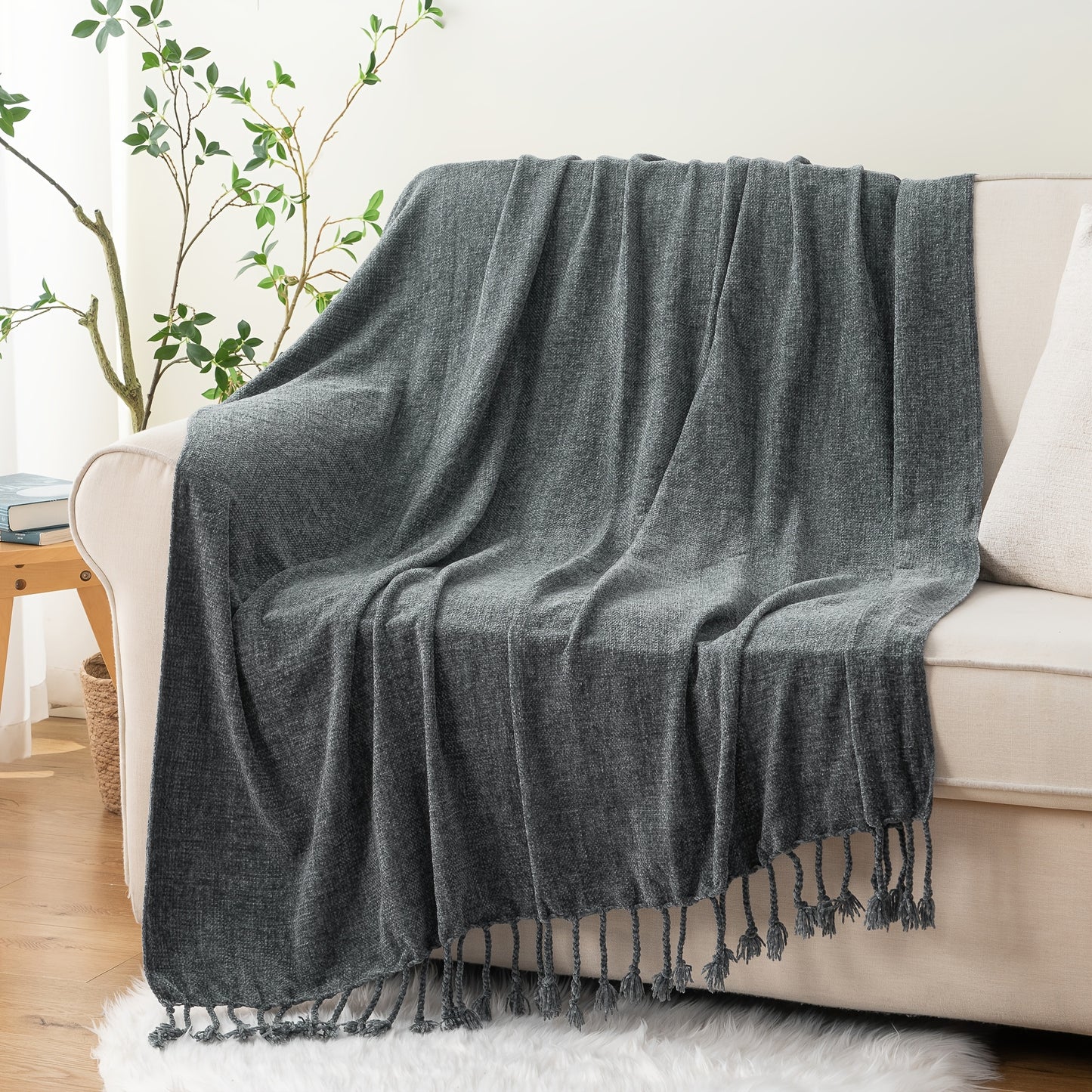 Chenille Throw Blanket for Couch, Decorative Fringe Velvety Throw Blanket for Sofa Home Decor, 127.0cm x 152.4cm