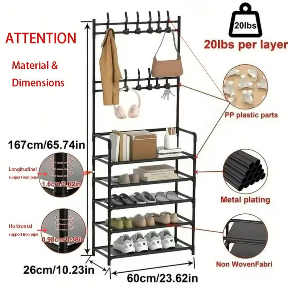 5-Layer Clothes Hanger Shoe Rack Combination, Shoe Organizer at The Entrance, with 12 Hooks And 10 Storage Bags, Corridor Rack for Storing Shoes, Clothes, Jackets, Hats, Bags, Umbrellas, Home Additions