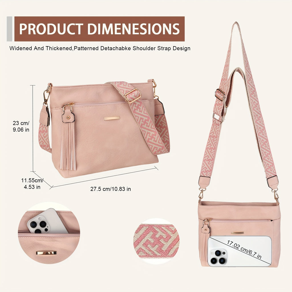 Large-capacity Women'S Single-shoulder Crossbody Bag |, Color-blocked Square Design with Frill Accents, Wide Adjustable Shoulder Strap, Zipper Closure