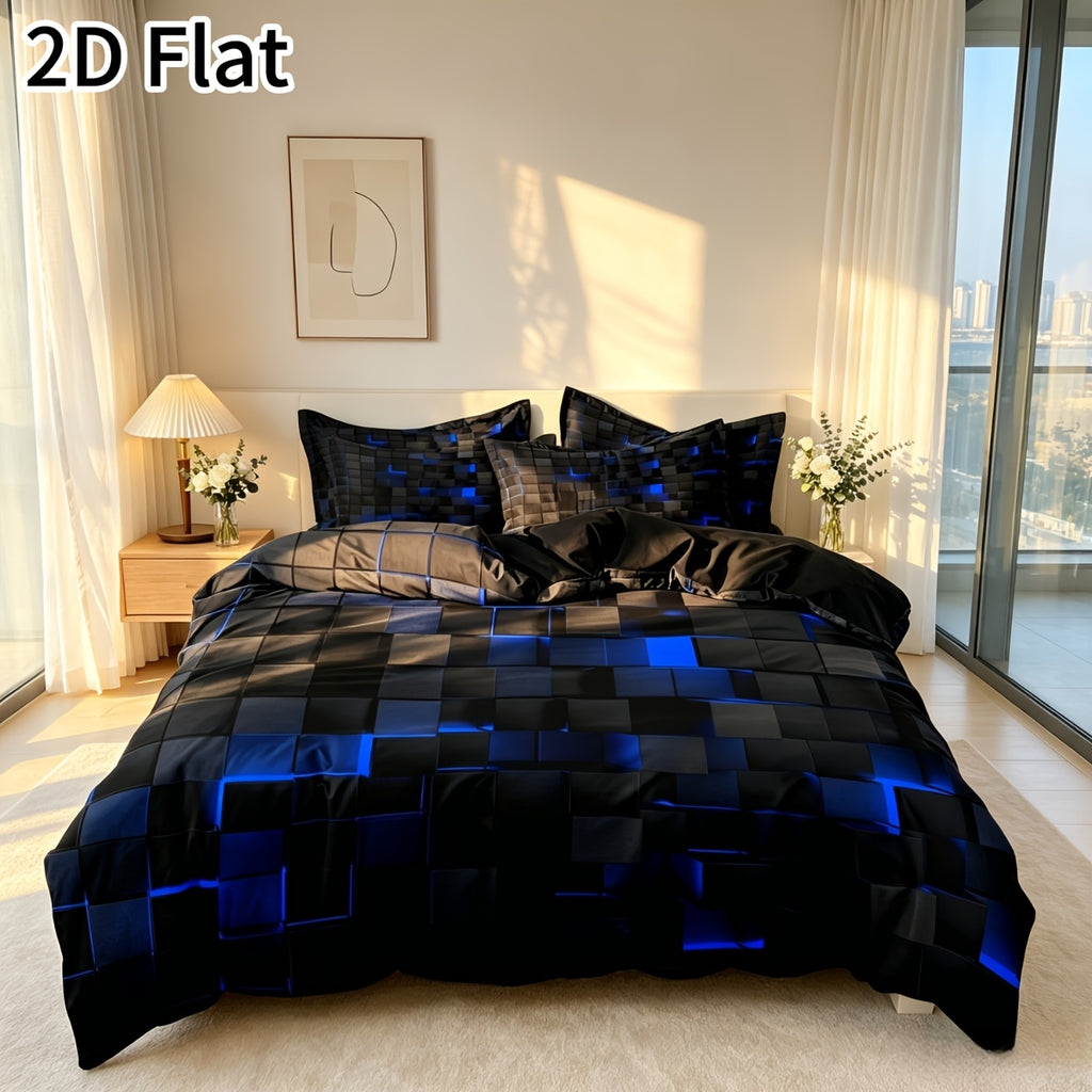 2D Flat 3pcs Cool Geometric Grid Plaid Checked Digital Printing Quilt Duvet Cover bedding, - Four Sizes (Single, Double, Queen, King) Includes 1 X Duvet Cover, 2 X Pillowcases, No Comforter Included, Dormitory/Bedroom Decorations, Local Warehouse