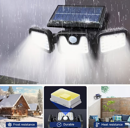 2/1pc 74LED Solar Outdoor Three-Head Sensor Wall Lamp, IP55 with 74 LED Light Beads, Wide-Angle Lighting, 3 Modes, Suitable for Garden, Courtyard, Street, Garage, Terrace And Porch Lighting