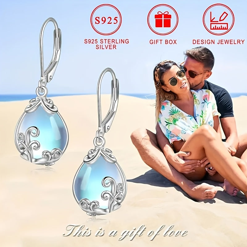Elegant 925 Silvery Drop & Dangle Earrings - Synthetic Moonstone Teardrop with Floral Design, Non-Allergic Nickel-Free Ear Needles for Women, Ideal for EngaSynthetic Gemstoneents, Weddings, Dinners & Gifting, Includes Gift Box