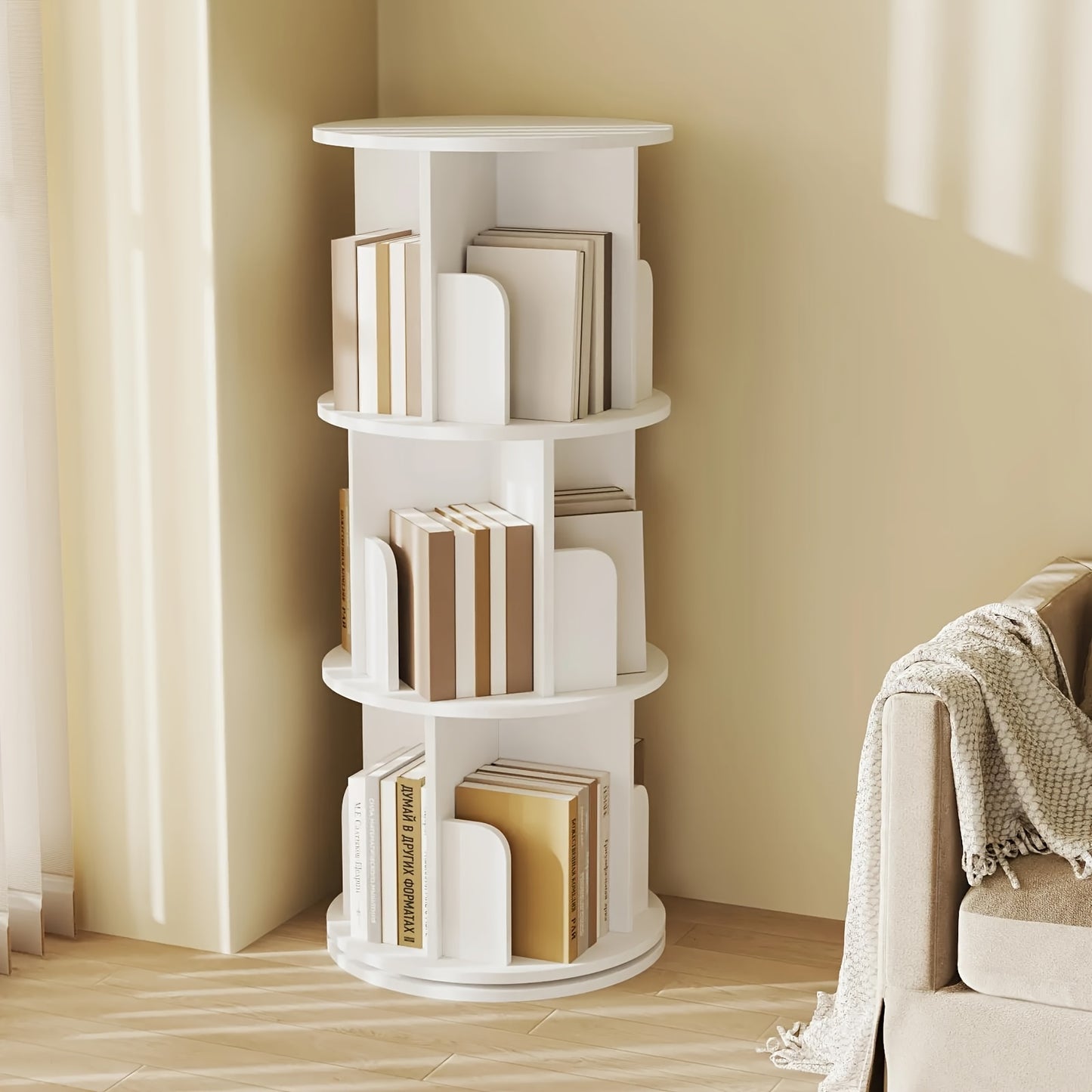 3/4/5-Tier Rotating Bookshelf | 360° Revolving Corner Round Display Shelf for Living Room and Office, White, Wood and Metal, Freestanding with Back Panel, Vertical Orientation, Ufurniture
