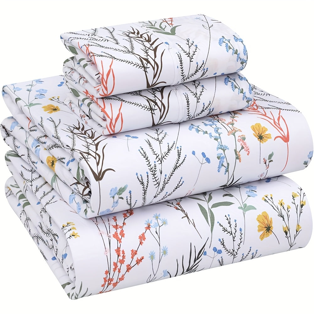 3/4pcs Botanical Bed Sheet Set - Perfect Floral Bed Sheet, Cooling Sheet Set - Bed Sheets Bedroom Decor, Soft & Breathable, Deep Pocket 40.64cm