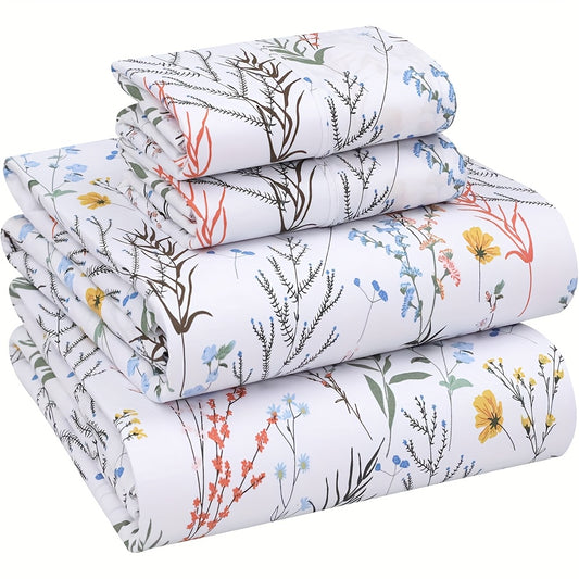 3/4pcs Botanical Bed Sheet Set - Perfect Floral Bed Sheet, Cooling Sheet Set - Bed Sheets Bedroom Decor, Soft & Breathable, Deep Pocket 40.64cm