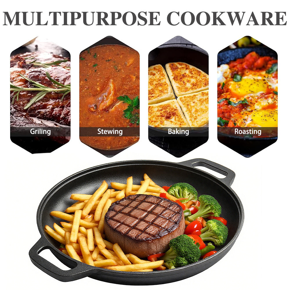 Multi-Function Cast Iron Griddle Skillet - Non-Stick Pan For Pizza, BBQ, Pancakes - Compatible with All Stovetops, Double-Handled Flat Skillet Ideal for Home Kitchen and Outdoor Cooking