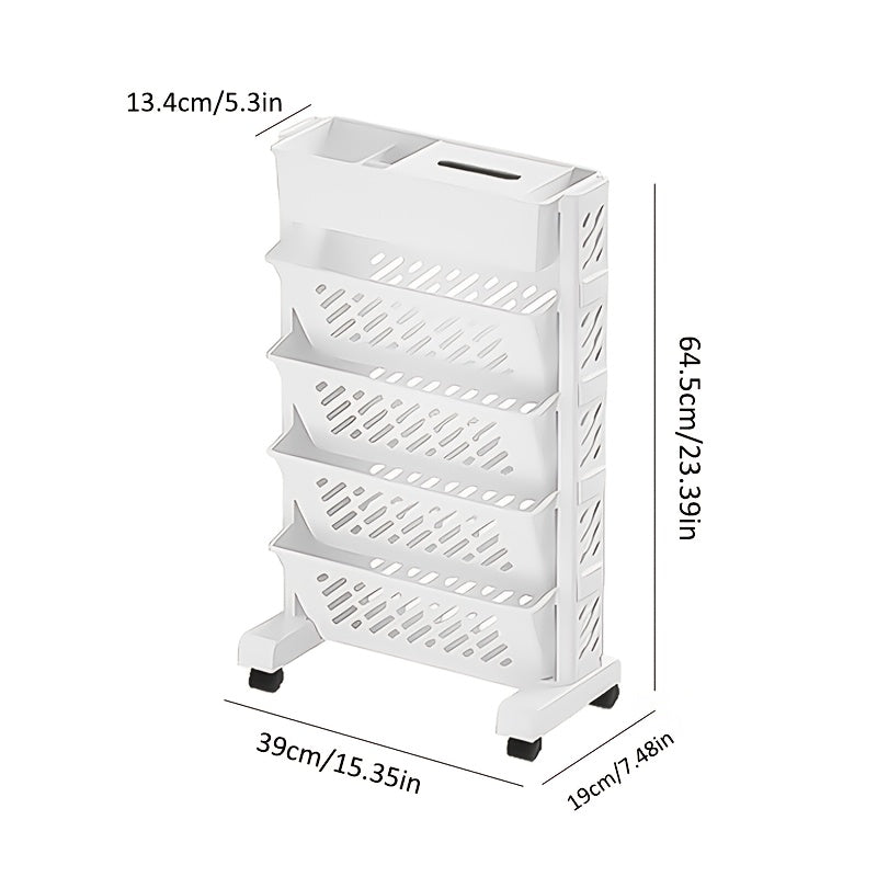 5-Tier Rolling Combined Bookshelf with Quiet Wheels, Ideal for Desk-side Or Corner Use. Compact Design Stores Books And Supplies Efficiently. Easy to Move And Fits In Tight Spaces.Trolley Design
