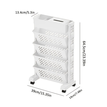 5-Tier Rolling Combined Bookshelf with Quiet Wheels, Ideal for Desk-side Or Corner Use. Compact Design Stores Books And Supplies Efficiently. Easy to Move And Fits In Tight Spaces.Trolley Design