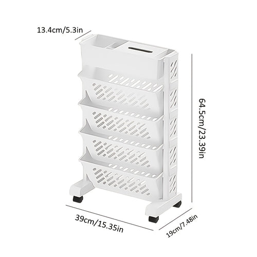 5-Tier Rolling Combined Bookshelf with Quiet Wheels, Ideal for Desk-side Or Corner Use. Compact Design Stores Books And Supplies Efficiently. Easy to Move And Fits In Tight Spaces.Trolley Design