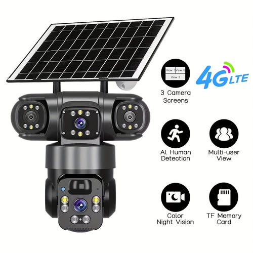 12MP Outdoor Wild Farms Security Camera, 3-In-1 LTE4G WIFI Wireless Solar Battery Powered Adjustable 3 Lens 3 Screen PTZ Outdoor Surveillance CCTV Security Camera, SIM Card Not Included, Color Night Vision, Spotlight/Alert, AI Detection, 2-Way Talk