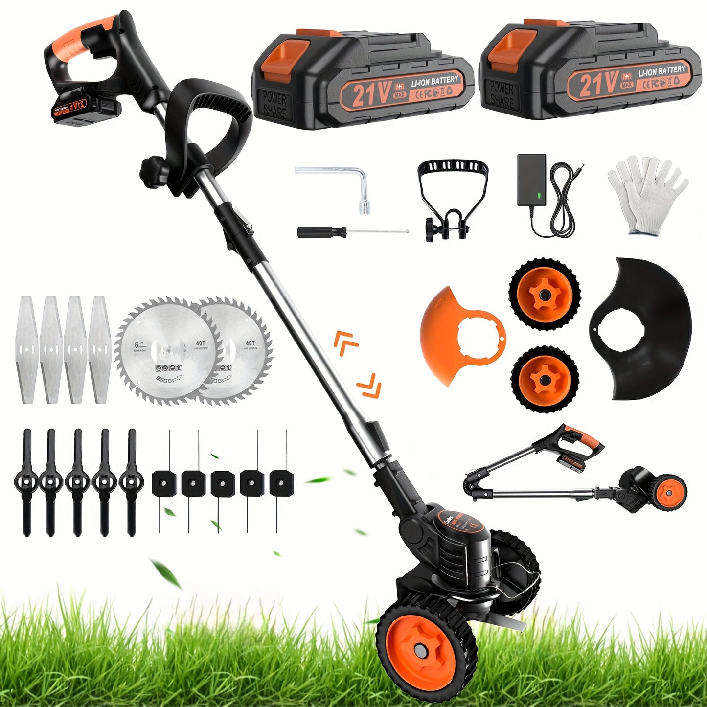 [Cordless Lawn Mower] Cordless Electric Lawn Mower, Weed Wacker Battery Powered, Lightweight Grass Trimmer With Wheels And 2-pack 2.0Ah Battery, Foldable Lawn Edger Cutter For Lawn Yard Garden