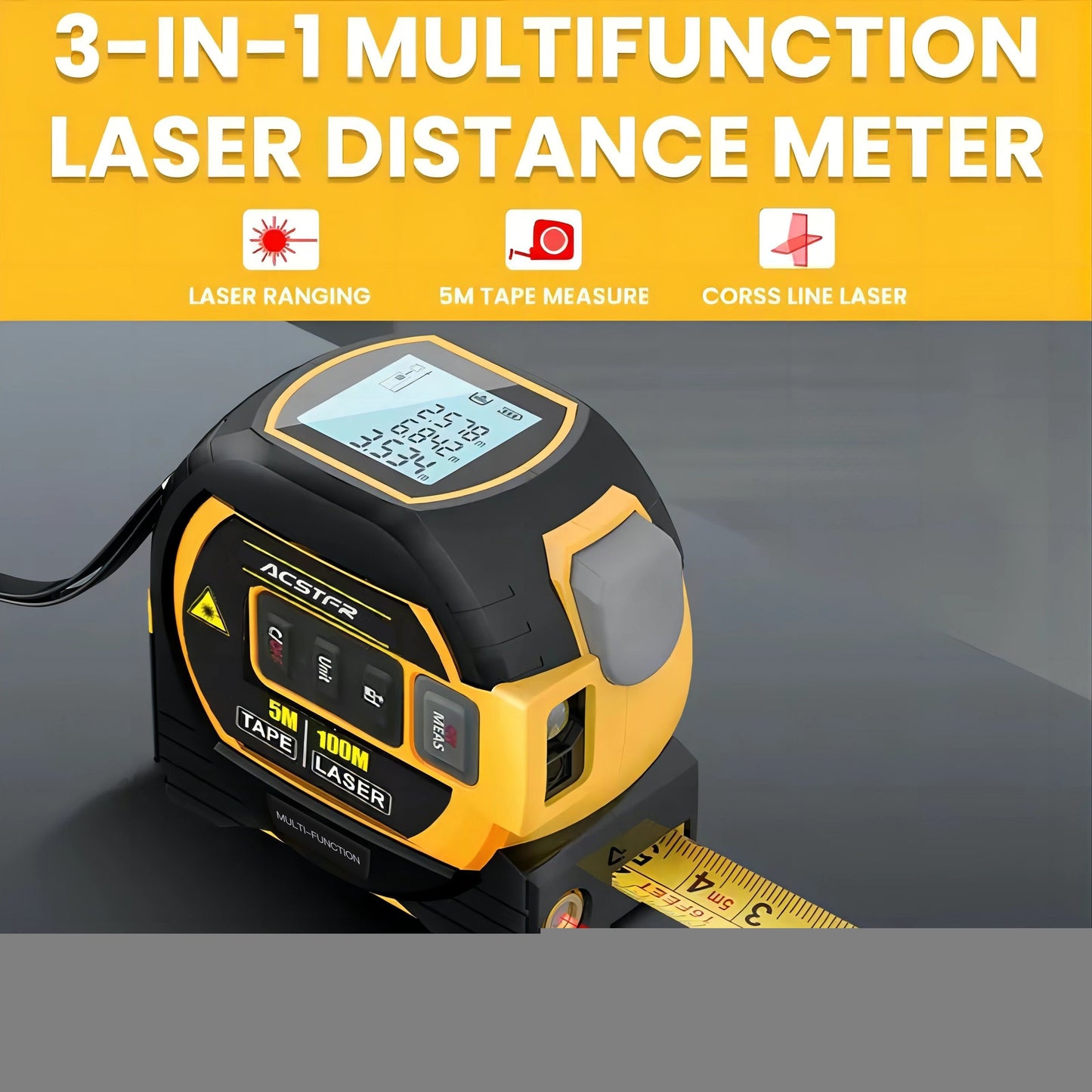1pc a 3-In-1 Digital Laser Tape Measure Featuring High Precision, a Steel Tape Measure, And Comes with Two AAA Batteries