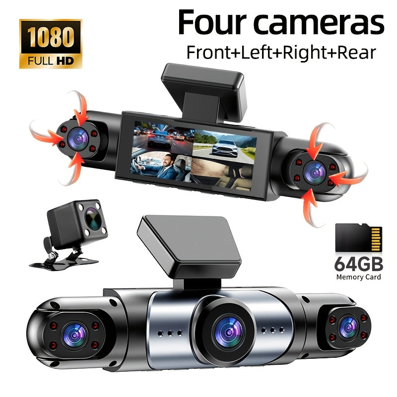 Vehicle-mounted 4-channel 360-degree Panoramic Dash Cam, Featuring A 3-inch IPS HD Screen With Front And Rear Built-in Cameras, Four Lenses Covering Front, Rear, Left, And Right, 1080P HD Quality + 8 Infrared Night Vision, Loop Recording, G Sensor