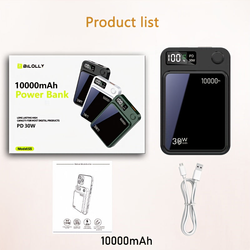Magnetic Wireless Charging Power Bank, 10000mAh Battery 30W PD Fast Charging Power Bank, 15W Fast Wireless Charging, 2 Outputs And Dual Input External Battery Pack Compatible With Apple 17/16/15/14/13/12/11Pro Max Air And Other Android