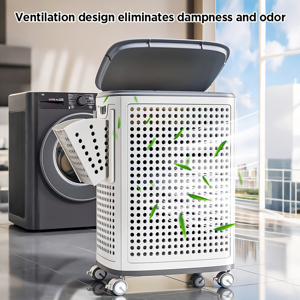Joybos 70.03 L Laundry Basket with Lid, Handles And Wheels, Clothes Storage Bag,, Books, Home Storage Box (Pure White), Vertical Structure Space Saving Dirty Cloth Storage Basket Easy to Move And Clean, Laundry Baskets