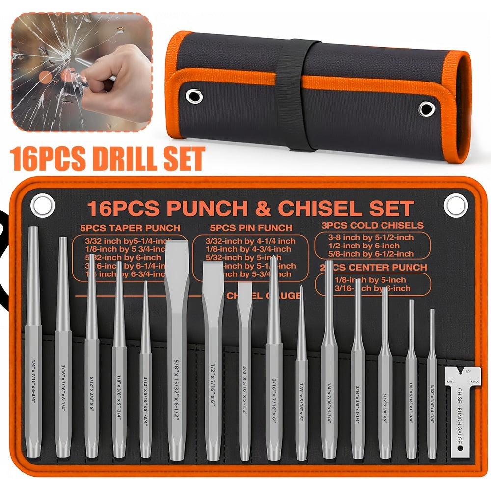 16pcs Punch & Chisel Tool Set Industrial-Grade Chrome Vanadium Steel | Taper/Center/ Pin Punches & Cold Chisels, High Hardness Impact-Resistant, Portable Storage Pouch, Essential for Metalworking, Woodworking, Machinery Repair