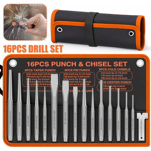 16pcs Punch & Chisel Tool Set Industrial-Grade Chrome Vanadium Steel | Taper/Center/ Pin Punches & Cold Chisels, High Hardness Impact-Resistant, Portable Storage Pouch, Essential for Metalworking, Woodworking, Machinery Repair