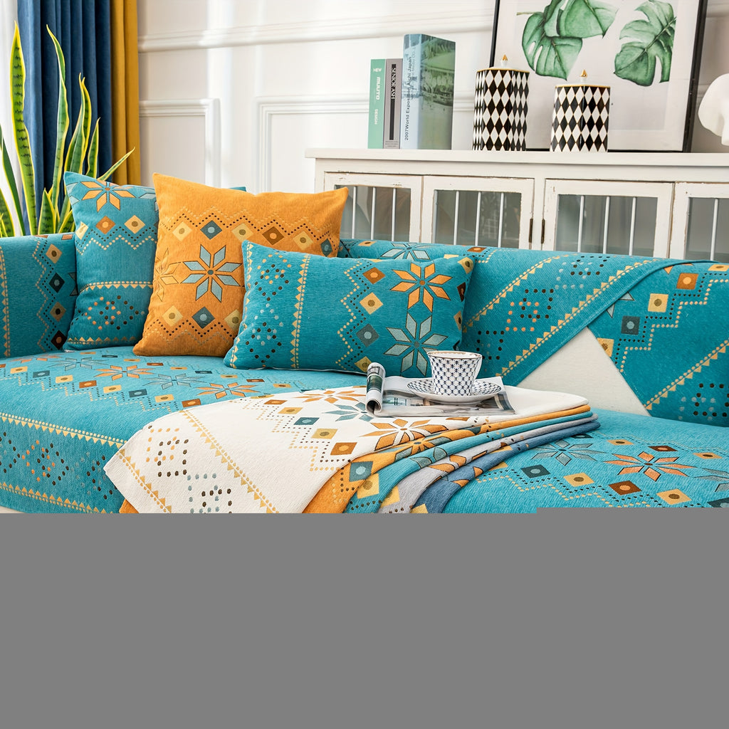 1pc Bohemian Chenille Sofa Cover with Geometric Embroidery - Pet-Friendly Thick Plush Slipcover, Non-Slip One-Piece Design for Sectional Couches, Machine Washable Furniture Protector for Living Room, Bedroom, Office Decor, Durable Slipresistant Fabric