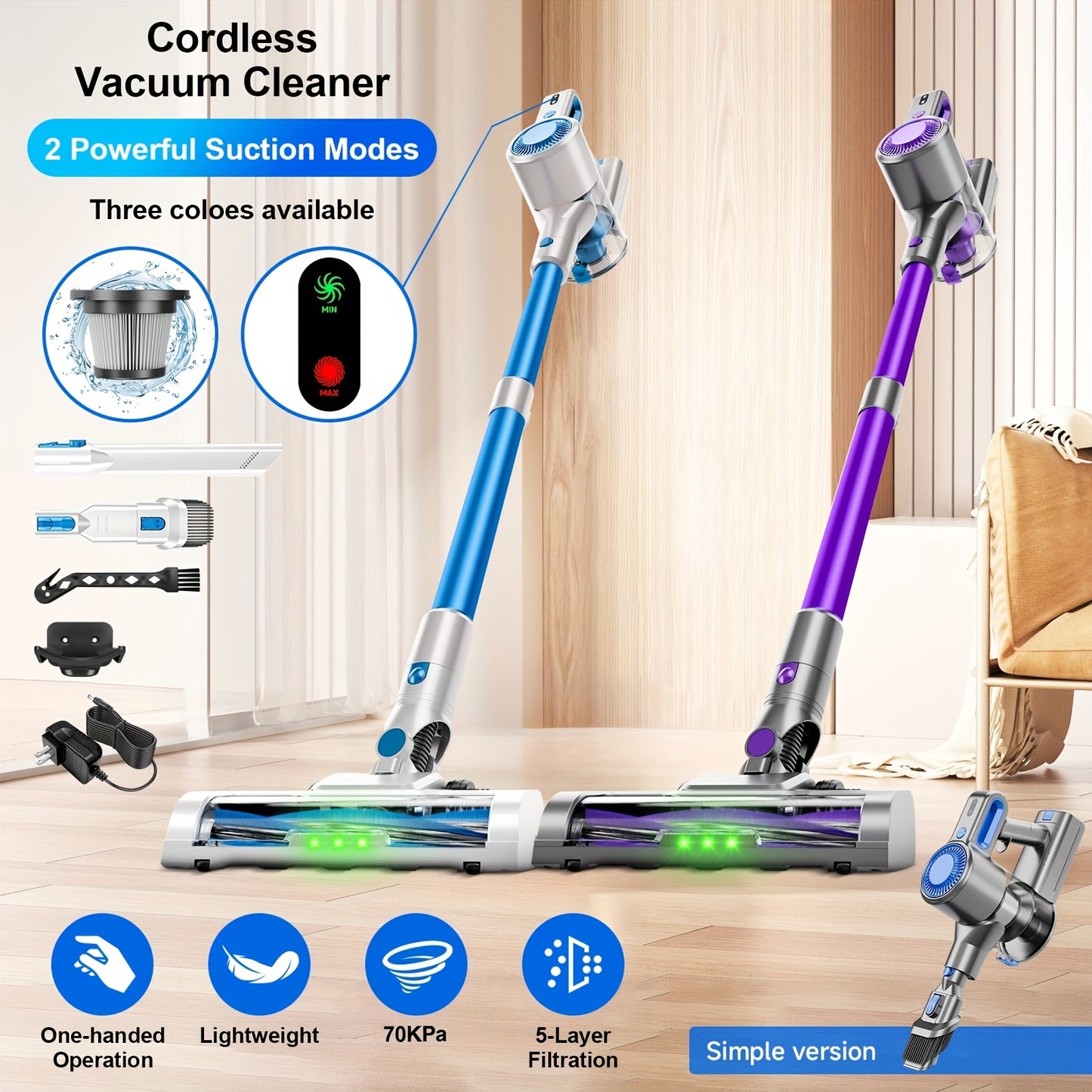 Cordless Lightweight Vacuum Cleaner MAX 70KPa Anti-tangle Brush, Multiple Suction Levels, And A Long Battery Life Of Up To 45 Minutes, Suitable For Carpets, Pet Hair, And Hardwood Floors