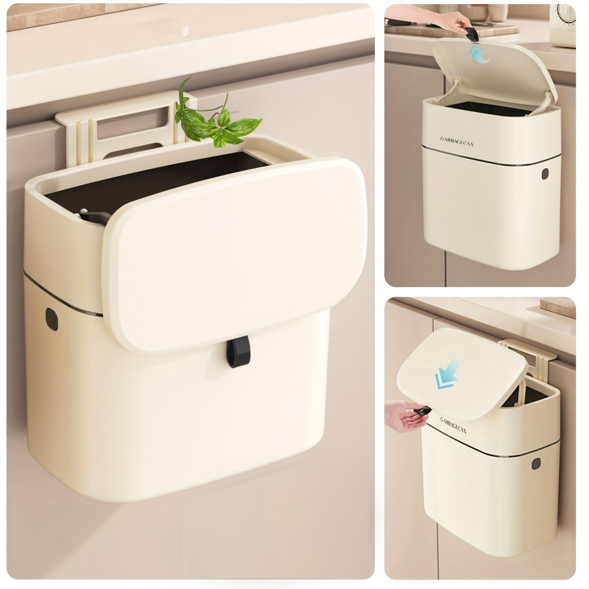 1pc Wall Mounted Trash Can, 9.46 L Compost Bin Kitchen Garbage Can Countertop Indoor Small Hanging Trash Can With Lid Bin, Kitchen Accessories, White