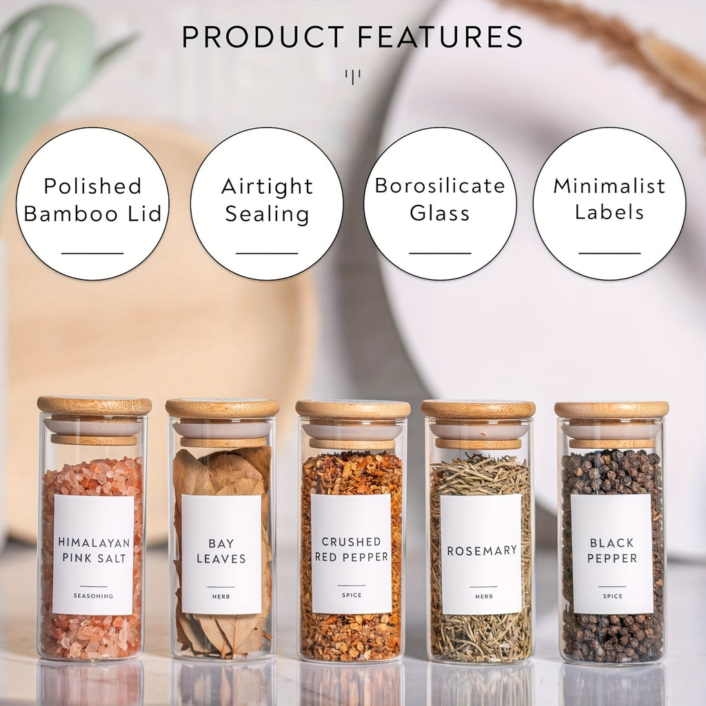 20pcs Glass Pantry Canister Set with Bamboo Lids, Measuring Spoon, Funnel & Brush - 4oz Round Jars, Labels & Pen for Spice, Dry Storage - Glass Container System (Reusable Glass Canisters)