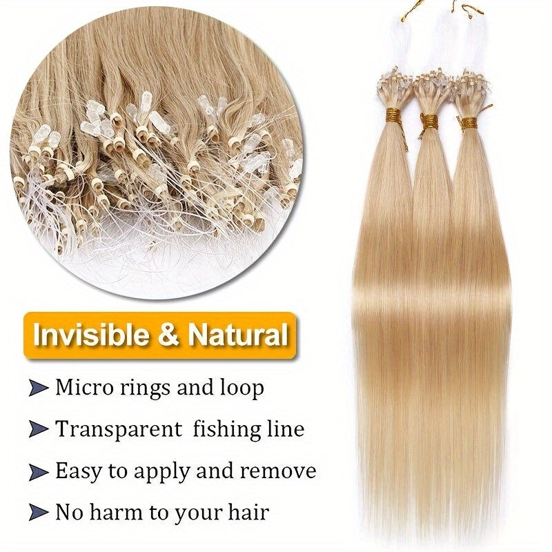 Invisible Micro Ring Hair Extensions for Women, Remy Human Hair, Easy to Apply & Remove, No Damage Seamless Hair Extensions, 100 Strands Per Pack