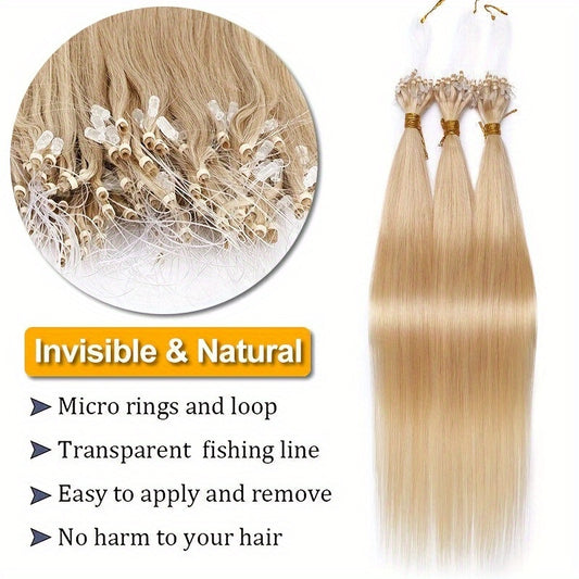 Invisible Micro Ring Hair Extensions for Women, Remy Human Hair, Easy to Apply & Remove, No Damage Seamless Hair Extensions, 100 Strands Per Pack