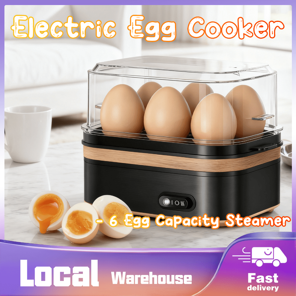 Woodgrain Egg Cooker - 6-Egg Electric Boiler with Natural Wood Finish, Auto Shut-Off for Perfect Soft/ Medium/ Hard Boiled, BPA-Free, Measuring Cup Included