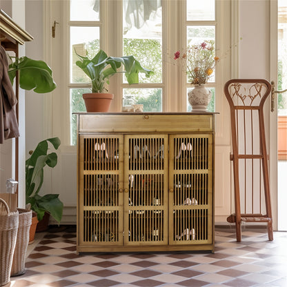 [Bamboo Shoe Storage] 1pc 4 Tier Bamboo Shoe Storage Cabinet | Wooden Shoes Rack Organizer with Doors for Entryway, Hallway, Living Room 93X32X98CM - Contemporary Style, Floor Mount, Flat Doors, Wood Material