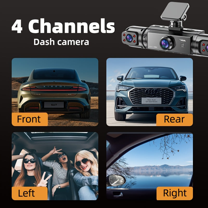 AXH 360° Panoramic 3/4 Lens Channel 1080P HD Ultimate Dash Cam Kit, 1080P Front And 720P Front-Rear-Left-Right Full Coverage, Quad-View Display, HD Night Vision, WDR, G-Sensor